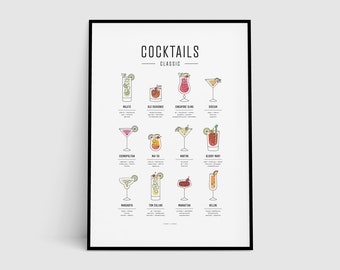 Classic Cocktails Print, Modern, Minimal, Cocktails, Cocktail Art, Cocktail How To, Kitchen Art, Kitchen Decor, Cocktail Gift, Bar Poster