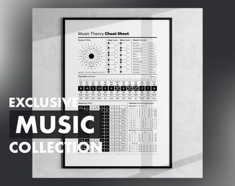 May include: A black and white printable music theory cheat sheet with the title "Music Theory Cheat Sheet". The cheat sheet includes information on the circle of fifths, major and minor scales, chord formulas, chromatic intervals, chord key chart, and common chord progressions.