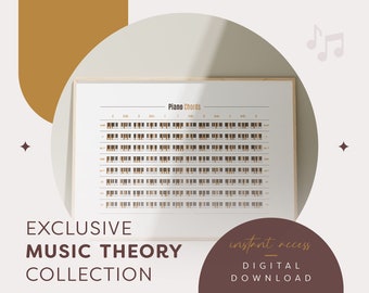 Affisch med pianoackord i vintagestil, pianolektion, ackordreferensaffisch, student, musikutbildning, vanliga ackord, utskrivbar digital nedladdning