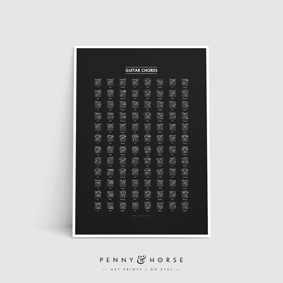 Guitar Chord Chart Black And White Chords Song Key Minimal Etsy