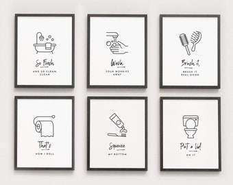 Bathroom Funny 6 Print Set, Minimal Funny Wall Art, Bathroom Wall Decor, Funny Bathroom Signs, Kids Bathroom Art, Digital Printable Art Set