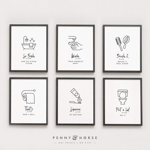 Bathroom Funny 6 Print Set Minimal Funny Wall Art Bathroom Etsy
