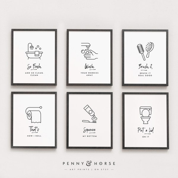 Bathroom Funny 6 Print Set, Minimal Funny Wall Art, Bathroom Wall Decor, Funny Bathroom Signs, Kids Bathroom Art, Digital Printable Art Set