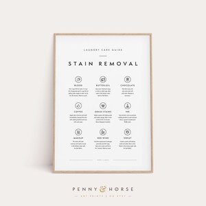 May include: A framed laundry care guide print with stain removal instructions. The guide includes steps for removing blood, butter/oil, chocolate, coffee, grass stains, ink, makeup, red wine, and sweat. The print has a light wood frame and the text "Penny & Horse" at the bottom.