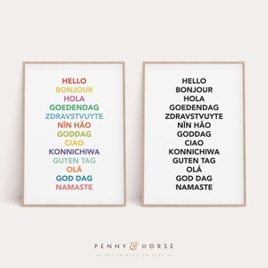 Hello in Different Languages Print, Aloha Ciao Bonjour Art, Printable Typography Decor, Travel Wanderlust Gift, Educational Classroom Print