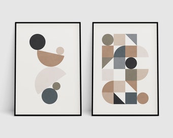May include: Two abstract geometric prints in black frames. The first print features a vertical arrangement of circles and semi-circles in shades of brown, beige, pink, and blue. The second print features a more complex arrangement of squares, rectangles, and semi-circles in shades of brown, beige, green, and blue.