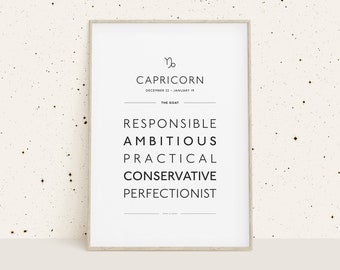 Capricorn Zodiac Traits Print, Zodiac Gift, Capricorn Printable, Zodiac Dates Wall Decor, Zodiac Explained, Astrology Digital Print