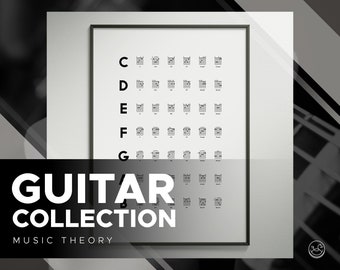 May include: A black and white poster with the text "GUITAR COLLECTION MUSIC THEORY" and a chart of guitar chords for the notes C, D, E, F, and G.