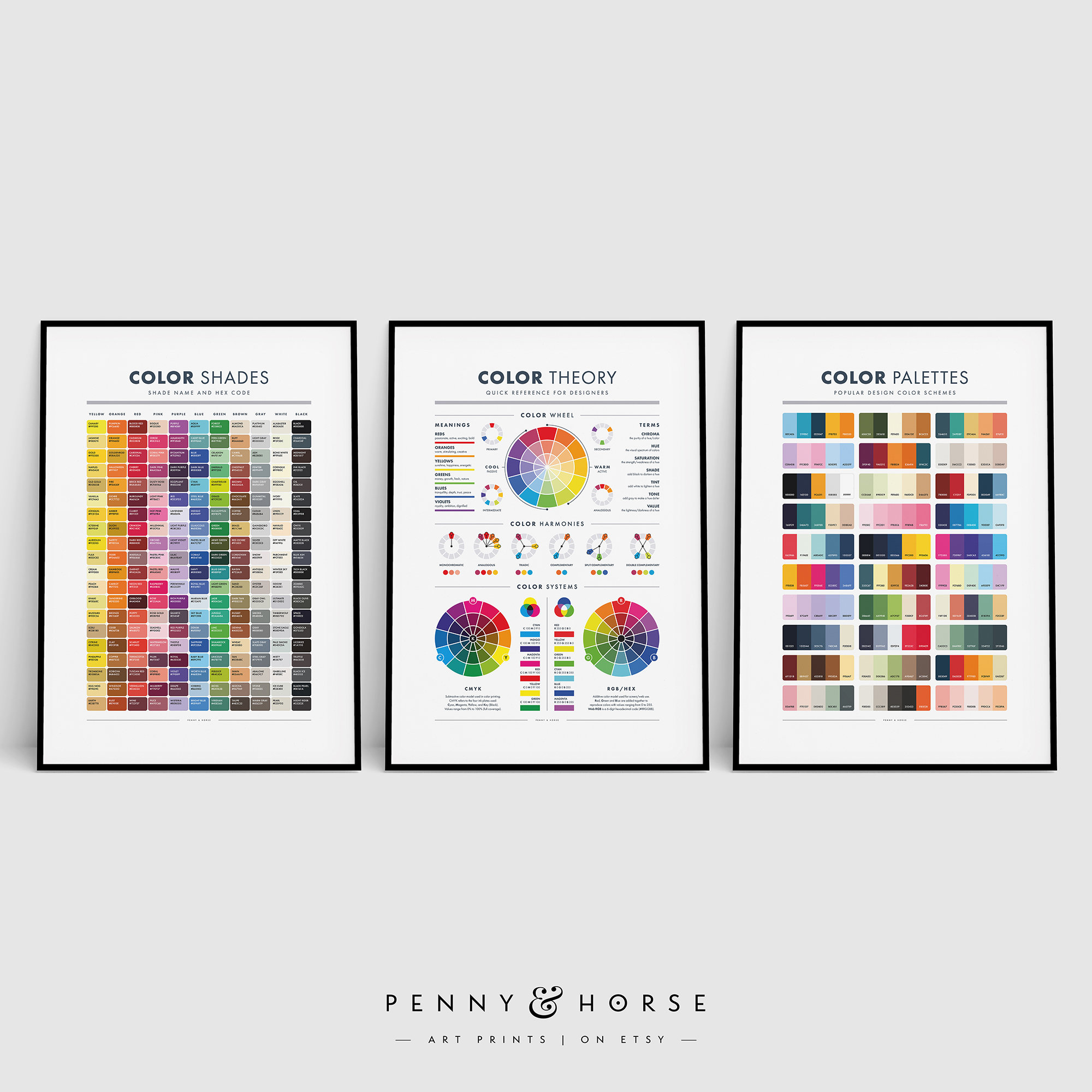 Color Theory Poster Bundle for Designers, Colour Wheel, Color Schemes Palettes, Graphic UX Design, CMYK, RGB, Branding, Design Studio Decor