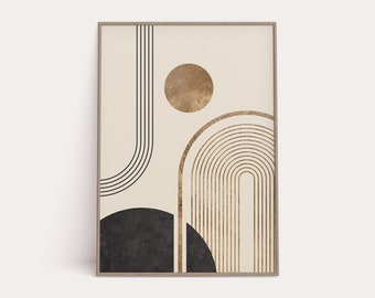 May include: Abstract geometric art print with black and gold lines and circles on a cream background. The print is framed in a light wood frame.