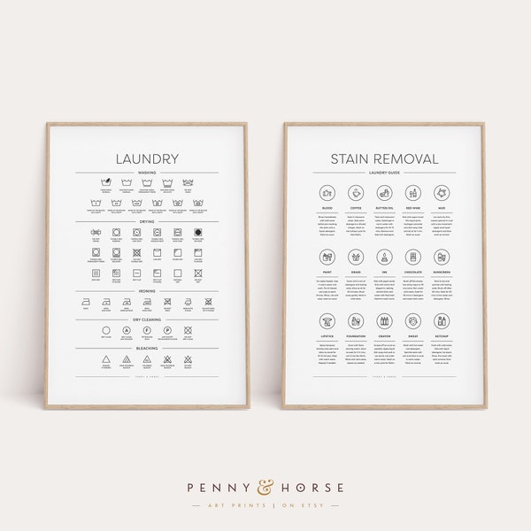 Laundry Room 2 Print Set, Symbols/Stains Guide, Printable Laundry Art, Laundry Room Sign, Stain Removal, Laundry Room Decor, Wash, Dry, Iron