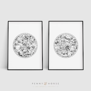 Jahrgang Konstellation Print Set, Modern, Süd - nördlichen Hemisphäre, digitaler Download, 2, Astronomie, Astrologie Dekor, druckbare
