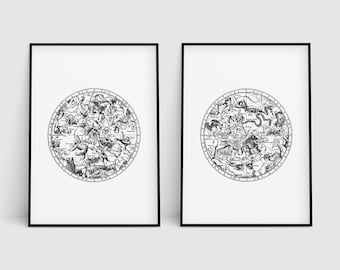 Jahrgang Konstellation Print Set, Modern, Süd - nördlichen Hemisphäre, digitaler Download, 2, Astronomie, Astrologie Dekor, druckbare