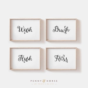 Bathroom Prints, Set of 4, Wash Brush Floss Flush, Bathroom Printable, Bathroom Sign, Bathroom Art Print, Bathroom Decor, Washroom Wall Art