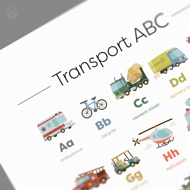 K&ouml;nnte beinhalten: Ein farbenfroher Alphabet-Chart mit Illustrationen verschiedener Transportmittel, wie z. B. ein Krankenwagen, ein Fahrrad, ein Betonmischer, ein Lieferwagen, ein Golfwagen, ein Hubschrauber und ein Feuerwehrauto. Der Chart enth&auml;lt die Buchstaben A bis H mit entsprechenden Bildern und W&ouml;rtern.