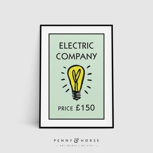 Op de afbeelding: Een lichtgroene poster met een zwarte lijst. De poster heeft een zwarte en gele gloeilampillustratie en de tekst "ELECTRIC COMPANY" en "PRICE £150".