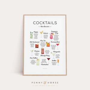 Cocktails 'The Classics' Rezept Druck, Cocktail Druck, Cocktail Art, Bar Poster, Cocktail Geschenk, Cocktail How To, Küchenkunst, Küchendeko