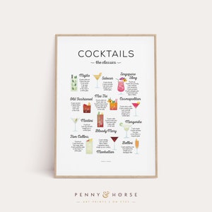 Cocktails 'The Classics' Recipe Print, Cocktail Print, Cocktail Art, Bar Poster, Cocktail Gift, Cocktail How To, Kitchen Art, Kitchen Decor