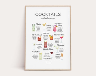 Cocktails 'The Classics' Recipe Print, Cocktail Print, Cocktail Art, Bar Poster, Cocktail Gift, Cocktail How To, Kitchen Art, Kitchen Decor