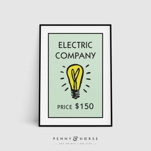 Op de afbeelding: Een lichtgroene poster met zwarte tekst die "Electric Company" luidt en een illustratie van een gele gloeilamp. De tekst "Price $150" staat onderaan de poster.