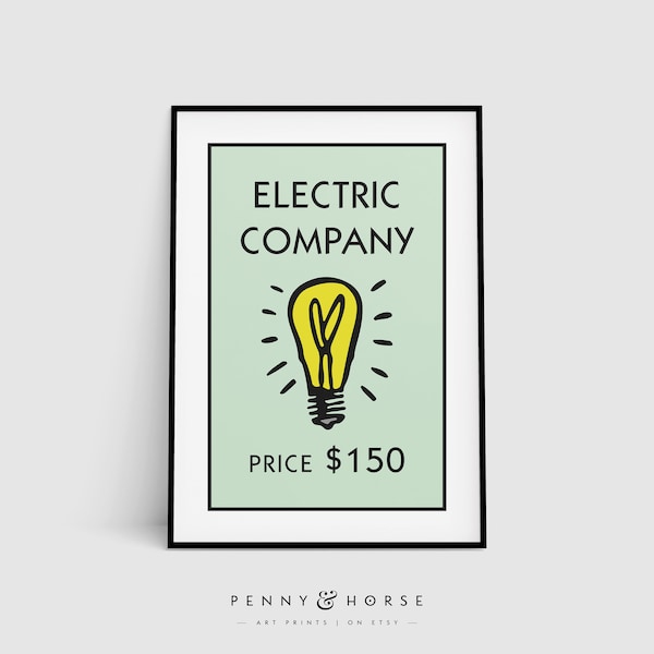 Retro Monopoly Inspired Electric Company Printable, Minimalist Mint Wall Art, Quirky Utility Print, New Home Gift, Waterworks Home Decor