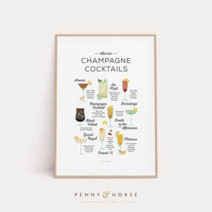Champagne Cocktails Print, Cocktail Classics Print, Cocktail Art, Cocktail How To, Kitchen Art, Kitchen Decor, Bar Poster, Cocktail Gift
