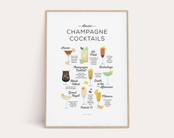 Champagne Cocktails Print, Cocktail Classics Print, Cocktail Art, Cocktail How To, Kitchen Art, Kitchen Decor, Bar Poster, Cocktail Gift