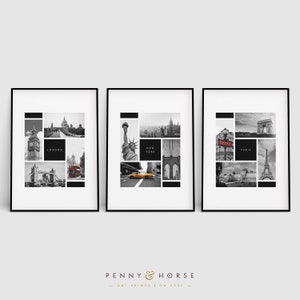 May include: Three black and white photo prints with a collage of iconic landmarks from London, New York City, and Paris. Each print features the city name and a black and white grid design.