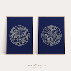 Sterrenbeeld blauw afdrukken instellen, Vintage, Zuid - noordelijk halfrond, digitale Download, Set van 2, afdrukken van de astronomie, astrologie, afdrukbare