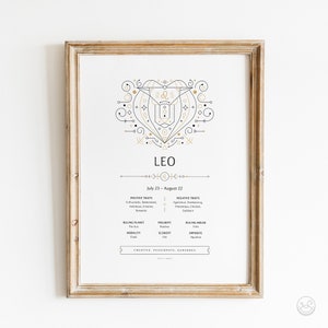 May include: A printable poster with a gold and black illustration of the Leo zodiac sign. The poster includes the dates for the Leo zodiac sign, July 23 - August 22, and lists positive and negative traits, ruling planet, polarity, ruling house, modality, and element. The poster also includes the words "Creative, Passionate, Generous".