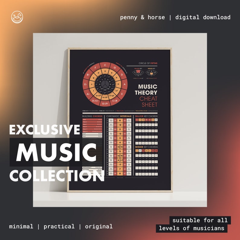 May include: A printable music theory cheat sheet with a circle of fifths, building chords, chromatic intervals, major key chords, and minor key chords. The cheat sheet has a black background with orange and white text.