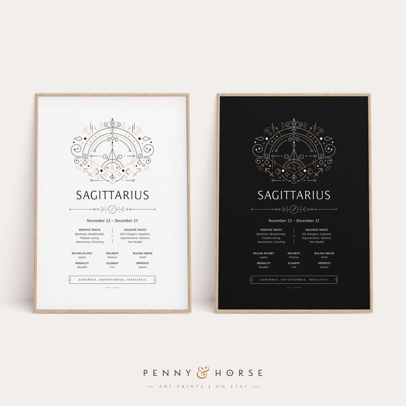 Pode incluir: Dois cartazes imprim&iacute;veis com um design geom&eacute;trico em preto e branco do signo do zod&iacute;aco Sagit&aacute;rio. Os cartazes t&ecirc;m um fundo preto com texto dourado e um fundo branco com texto preto. O texto inclui as datas de Sagit&aacute;rio, o planeta regente, a polaridade, a modalidade, o elemento, a casa regente, os tra&ccedil;os positivos e os tra&ccedil;os negativos. O texto tamb&eacute;m inclui as palavras "Generoso, Aventureiro, Idealista".