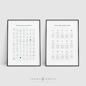 Guia completo espanhol para lavanderia, conjunto de 2 impressões, símbolos de lavandería, como desmanchar telas, arte de parede para impressão, decoração de lavanderia