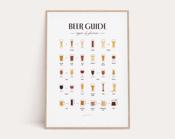 Beer Glasses Poster, Types of Beer Glasses Print, Man Cave Art, Bar Poster, Beer Glasses Gift, Beer Diagram, Dorm Room Art, Bedroom Decor