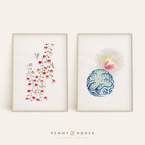 Japanese Floral Print Set, Cherry Blossom Fine Art, Vintage Nature Wall Art, Japanese Woodblock Print, Floral Decor, Printable Wall Art