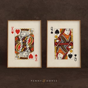 Set van speelkaarten koning/koningin, kunst aan de muur voor hem en haar, vintage stijl, set van 2 prenten, wanddecoratie, digitale download, retro decor, afdrukbare kunst
