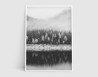 Impresión de bosque nórdico: Arte mural natural en blanco y negro (descarga digital)