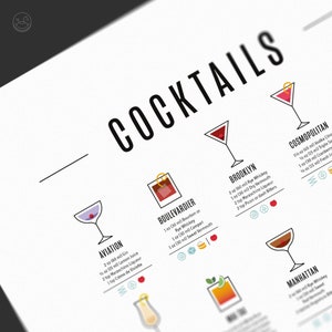 Classic Cocktails Recipe Print, Cocktail Poster, Cocktail Art, Drink Bar Poster, Cocktail Gift, Cocktail How To, Kitchen Art, Kitchen Decor image 3
