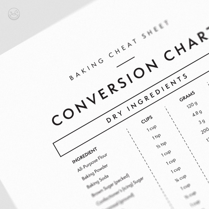 Puede incluir: Un gr&aacute;fico de conversi&oacute;n de horneado imprimible en blanco y negro con el t&iacute;tulo "Baking Cheat Sheet" y "Conversion Chart". El gr&aacute;fico enumera los ingredientes secos comunes, sus medidas en tazas y su peso equivalente en gramos.