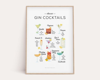 Gin Cocktails Recipe Print, Cocktail Classics Print, Cocktail Art, Cocktail How To, Kitchen Art, Kitchen Decor, Bar Poster, Cocktail Gift