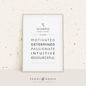 Schorpioen Zodiac Kenmerken Print, Zodiac Gift, Schorpioen Afdrukbaar, Zodiac Data Wall Decor, Dierenriem Uitgelegd, Astrologie Digitale Print