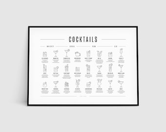 Classic Cocktails Selection Print, Cocktail Art, Drink Bar Poster, Cocktail Gift, Cocktail Poster, Minimal, Kitchen Art, Kitchen Decor