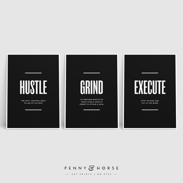 Hustle Grind exekutieren Print Set, motivierende Bürodekoration, inspirierende Poster, Unternehmer Wandkunst, druckbare Büro Definition Zeichen