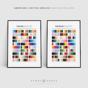 May include: Two printable posters with color palettes for design inspiration. The posters feature a grid of color swatches in various shades and hues. The text on the posters reads "COLOR PALETTES" and "POPULAR DESIGN COLOR SCHEMES".