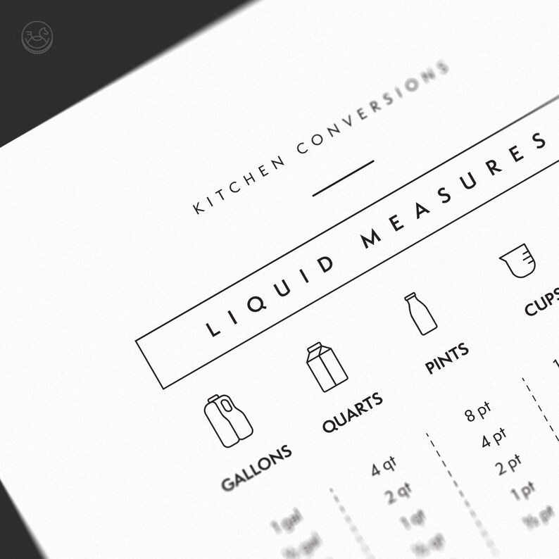 May include: A black and white chart with the title "Kitchen Conversions" and the subtitle "Liquid Measures". The chart shows conversions for gallons, quarts, pints, and cups.