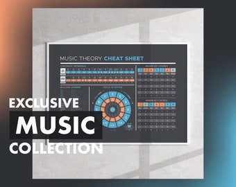 May include: A printable music theory cheat sheet with a black background and blue and orange text. The cheat sheet includes information on chromatic intervals, building chords, the circle of fifths, major key chords, and minor key chords. The text "MUSIC THEORY CHEAT SHEET" is at the top of the sheet.