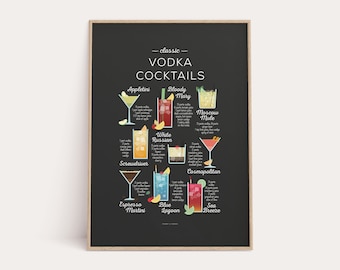 Vodka Cocktails Print, Cocktail Classics Print, Cocktail Art, Cocktail How To, Kitchen Art, Kitchen Decor, Bar Poster, Cocktail Gift