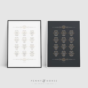 May include: Two printable posters featuring the zodiac signs in a minimalist style. The signs are depicted in gold and black on a white background and a black background.