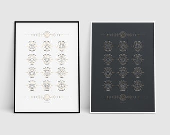 May include: Two printable posters featuring the zodiac signs in a minimalist style. The signs are depicted in gold and black on a white background and a black background.