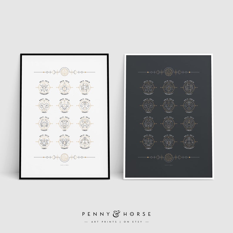 May include: Two printable posters featuring the zodiac signs in a minimalist style. The signs are depicted in gold and black on a white background and a black background.